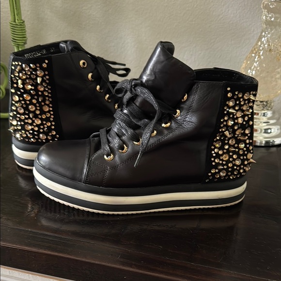 Russel Matos Black High-Top leather Sneakers with Gold Studs - Picture 1 of 13